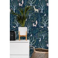 Navy Waldtiere Tapete, Abnehmbares Waldwandbild Navy Waldtiere Tapete, Abnehmbares Waldwandbild von musewallstudio