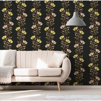 Schwarze Tapete, Blumentapete, Gelbe Tapete, Collin Blume in Schwarzer Farbe Tapete Natur Boho Abnehmbare von musewallstudio