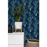 Navy Woodland Wallpaper, Green Leaf Tree Wandbild von musewallstudio