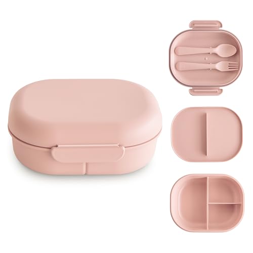 mushie Lunchbox Kinder Brotdose Vesperdose für Kindergarten und Schule | Trennwand & Fächern mit verschließbaren Deckel | Mit Besteck Gabel und Löffel (Blush) von mushie