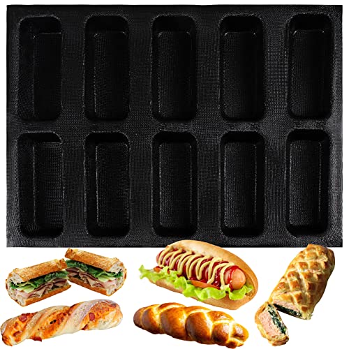 Baguette-Tablett für 10 Kasten, Hot Dog, Silikonform, Mini-Form für französisches Brötchen und Brotbacken, antihaftbeschichtet, Sandwich-Eclair-Form, rechteckig, 40 x 30 x 3,2 cm von musykrafties