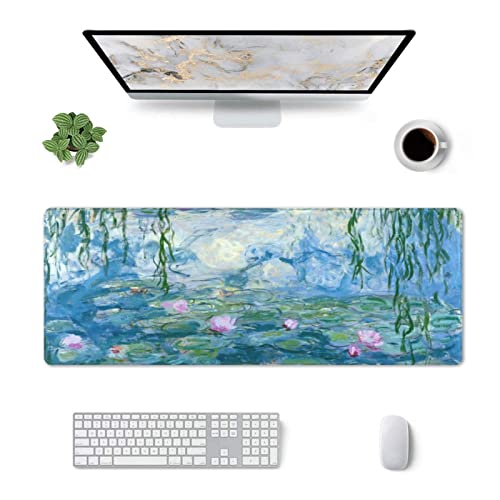 Monet Seerosen Mauspad mit genähtem Rand, Größe XL, 80 x 30,5 cm, Gummiunterseite, rutschfeste Schreibtischunterlage für Laptop, PC, Computer, Gaming von mutakin