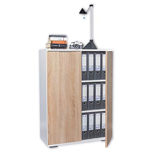 Büroschrank Mehrzweckschrank Schrank B 80,2 cm x H 109,5 cm x T 35 cm Büromöbel Aktenschrank Ordnerschrank Vorratsschrank Kommode Allzweckschrank (Aktenschrank klein, Weiß/Sonoma-Eiche) von mutatio