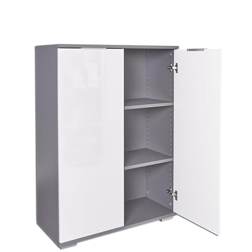 Büroschrank Ordnerschrank Aktenschrank Schrank B 80,2 cm x H 109,5 cm x T 35 cm Bücherschrank Mehrzweckschrank Büromöbel klein, Grau/Hochglanz Weiß von mutatio