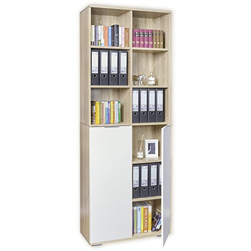 Hochschrank Bücherschrank Aktenschrank mit 2 Türen Ordnerschrank B 80,2 cm x H 214,7 cm x T 35 cm Sonoma Eiche/Weiß Mehrzweckschrank - Büromöbel von mutatio