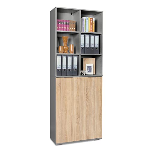 Ordnerschrank Bücherschrank mit 2 Türen Aktenschrank B 80,2 cm x H 214,7 cm x T 35 cm Grau/Sonoma Eiche Büromöbel Merzweckschrank - Hochschrankrank von mutatio