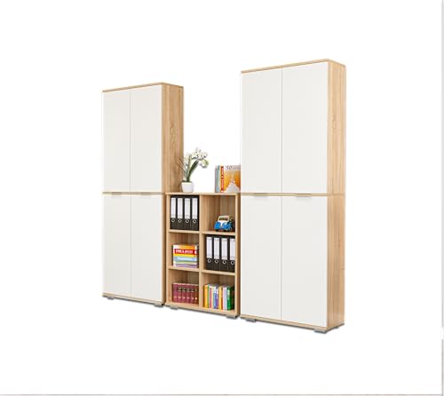 Regal - Aktenschrank Set - Kommode - [Multifunktional] - Bücherregal - Aufbewahrungsschrank - Regalset - Set 7 TLG. - Sonoma-Eiche/Weiß | Mehrzweckregal von mutatio