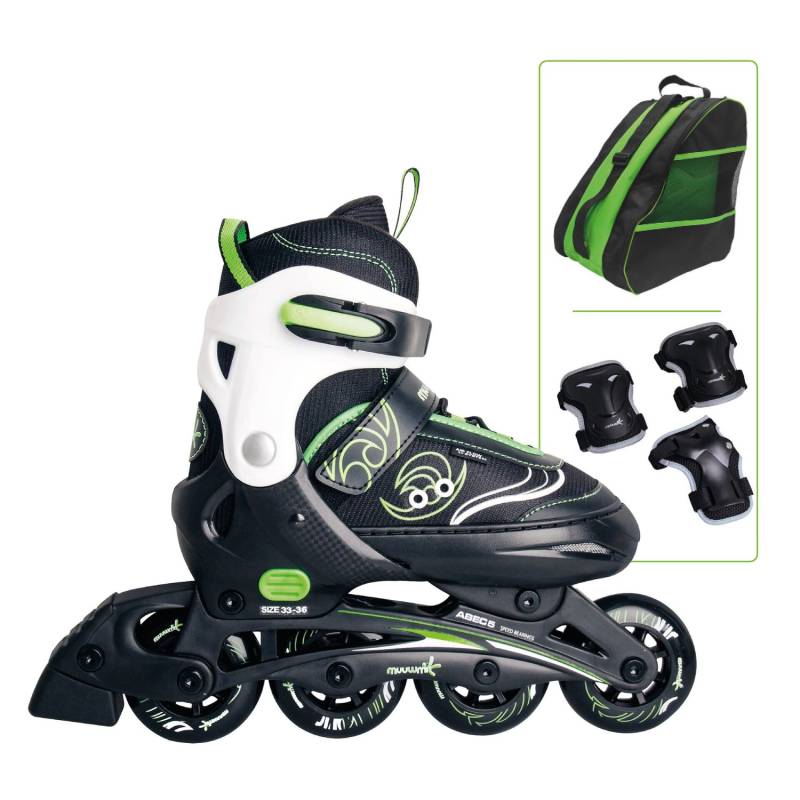 Muuwmi Kinderinliner Verstellbar Gr.33-36 ABEC 5 Rollengröße 70 x 22 mm GS-Geprüft Grün Protektoren-Set Tasche von muuwmi