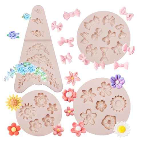 Muyulin Rosenkranz-Fondant-Form, 4 Packungen Mini-Blumen, Girlande, Schleife, Silikon-Schokoladenformen für Kuchendekoration, Cupcake-Topper, Hochzeit, Geburtstag, Party, Zaundekoration, von muyulin