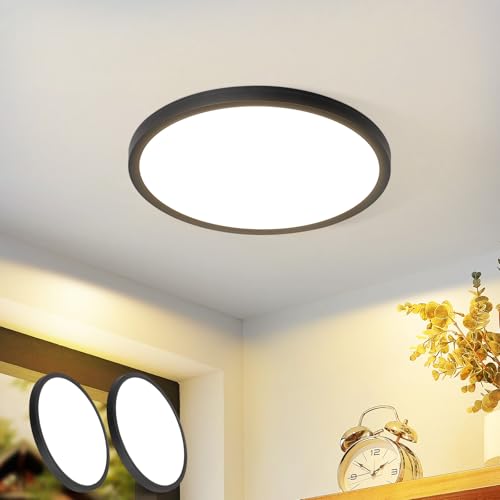 muyuua Deckenlampe LED Deckenleuchte Flach - Rund Badezimmerlampe 18CM IP44 Wasserdicht Badlampe Küchenlampe Decke Schwarz Flurlampe 15W Augenschutz 3000K Warmweiß Schlafzimmerlampe für Bad 2ER muyuua Deckenlampe LED Deckenleuchte Flach - Rund Badezimmerlampe 18CM IP44 Wasserdicht Badlampe Küchenlampe Decke Schwarz Flurlampe 15W Augenschutz 3000K Warmweiß Schlafzimmerlampe für Bad 2ER von muyuua