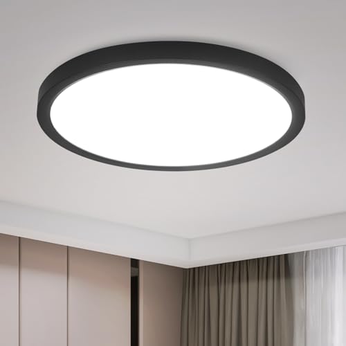 muyuua Deckenlampe LED Deckenleuchte Schlafzimmer - Badezimmerlampe Flach 15W Schlafzimmerlampe Schwarz Badezimmer Deckenbeleuchtung Kaltweiß Badlampe IP44 Flurlampe Rund Ø22cm für Bad Küche Flur von muyuua