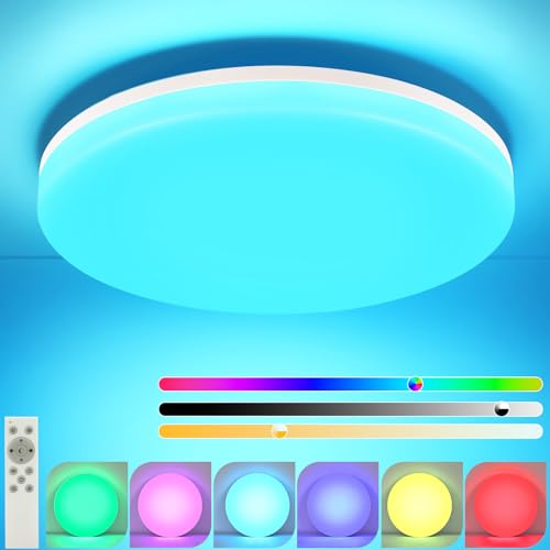 muyuua Deckenlampe LED Deckenleuchte Schlafzimmer - Ø28CM Schlafzimmerlampe Dimmbar mit Fernbedienung 24W Küchenlampe RGB Farbwechsel Deckenbeleuchtung Badlampe Flach Flurlampe IP54 für Küche Flur Bad von muyuua