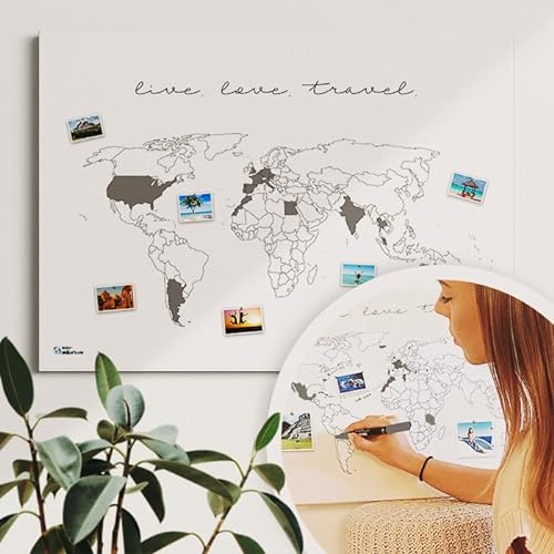 Weltkarte live.love.travel. - Weltkarte Pinnwand - Tolles Geschenk - Nachhaltig, handmade in Germany, ultralanglebig (Leinwandposter, 60x40cm) von mw