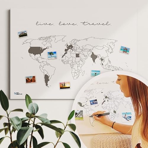 Weltkarte live.love.travel. - Weltkarte Pinnwand - Tolles Geschenk - Nachhaltig, handmade in Germany, ultralanglebig (Leinwandposter, 90x60cm) von mw
