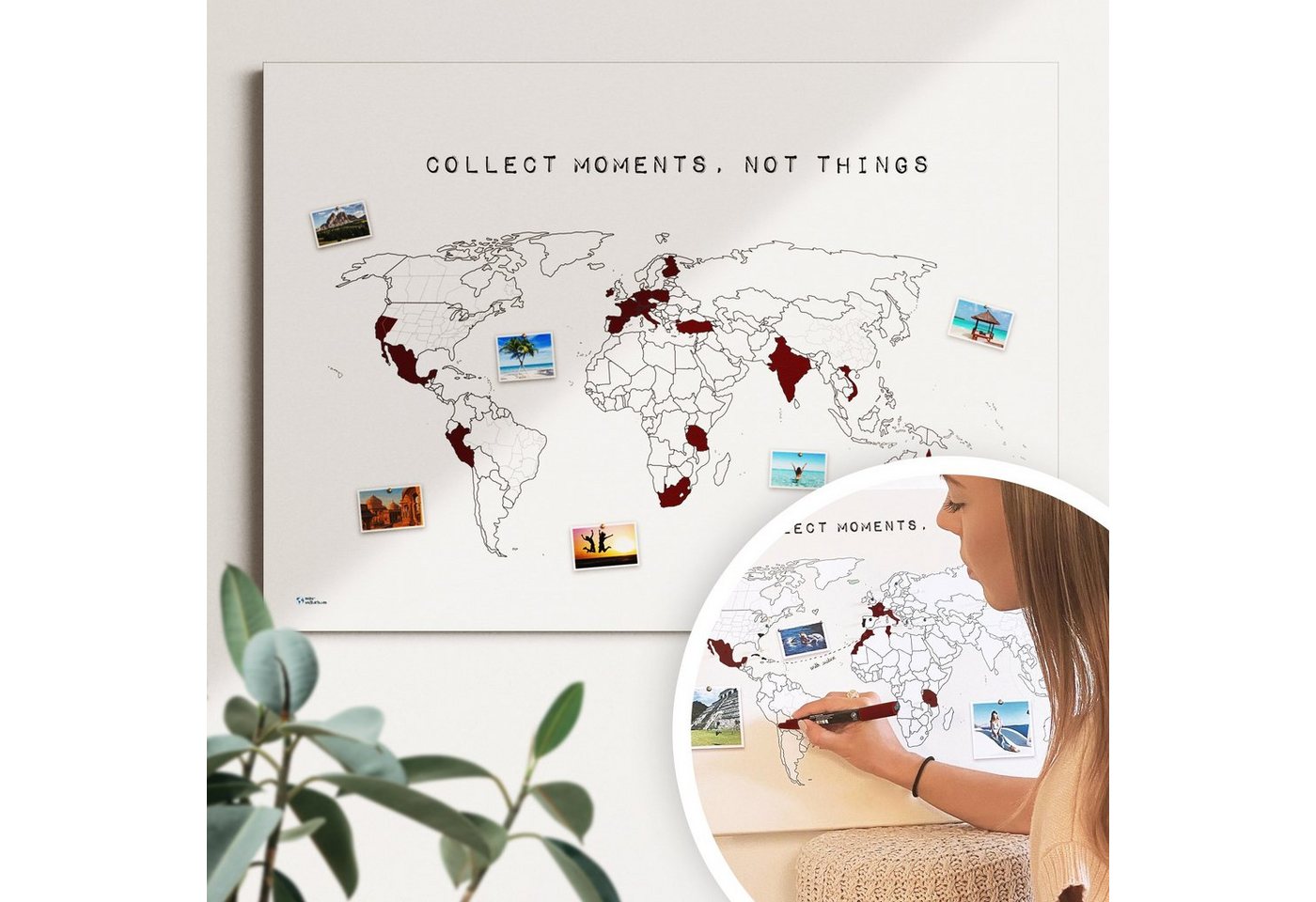 mw Leinwandbild Meine Weltkarte: Markiere deine bereisten Orte - handmade in Germany von mw