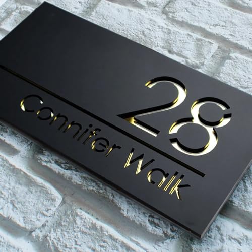 Hausnummernschild für den Außenbereich, personalisierbar, Acryl, lasergeschnitten, 3D-Hausnummer, Adressschild mit Straßenname (Schwarzgold) von mxn