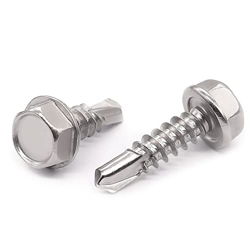 mxuteuk 100Stück #8 blechtreibschrauben selbstschneidend (Länge 1/2" & 5/8") Bohrschrauben mit Sechskantkopf 410 Edelstahl-Sechskantwäscher-Selbst-Gewindebohrschrauben für Metall DE-G022-S von mxuteuk