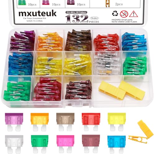 mxuteuk 132 Stück Auto Sicherungen Sortiment Kit, Kfz-Sicherungen Standardgröße mit Sicherungszieher (3A 5A 7.5A 10A 15A 20A 25A 30A 35A 40A) Ersatzsicherungen für Marine, Auto, RV, Boot, LKW von mxuteuk