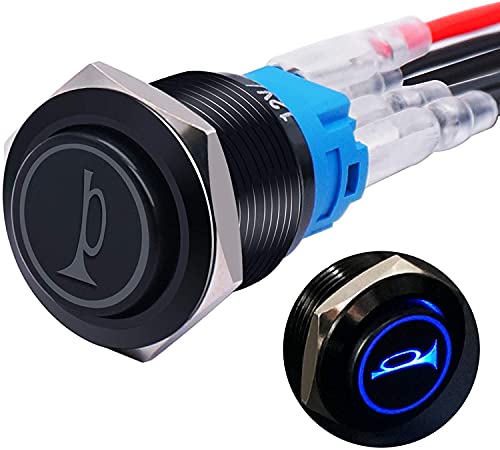 mxuteuk 16MM Raised Speaker Horn Momentan-hupenknopf 5/8 "Montageloch 12V Blau LED-Licht Schwarz Edelstahlgehäuse 1NO 1NC SPDT mit vorverdrahtetem Kabelschalter für Fahrzeugmodifikation BKG16LB-BU von mxuteuk