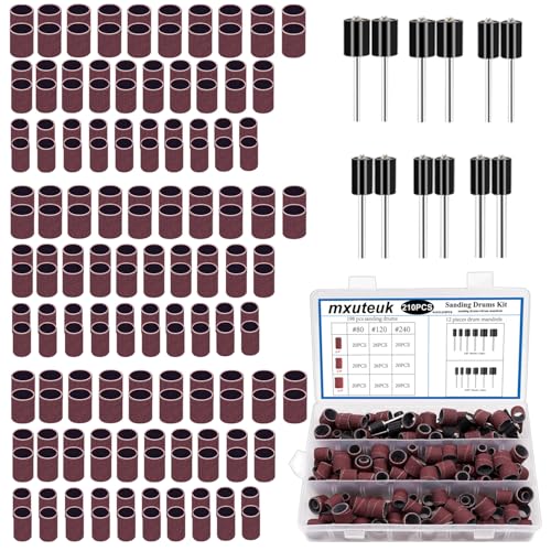 mxuteuk 210 Stück Schleiftrommel-Set, einschließlich 198 Stück Aluminiumoxid 80 120 240Grit Trommelschleifhülsen und 12 Stück Trommeldorne für Dremel Rotary Tool, Schleiftrommeln mit Box von mxuteuk