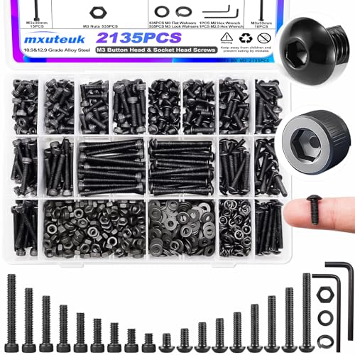mxuteuk 2135PCS M3 Schraubenschraubenschraubenschraube 4mm-35mm Metrische Schraubenschraubenschraube-Kit,M3 Schraubes mit Legierungstahl der Stufe 12,9 und 10,9 mit 2 sechseckigen Schlüsseln von mxuteuk