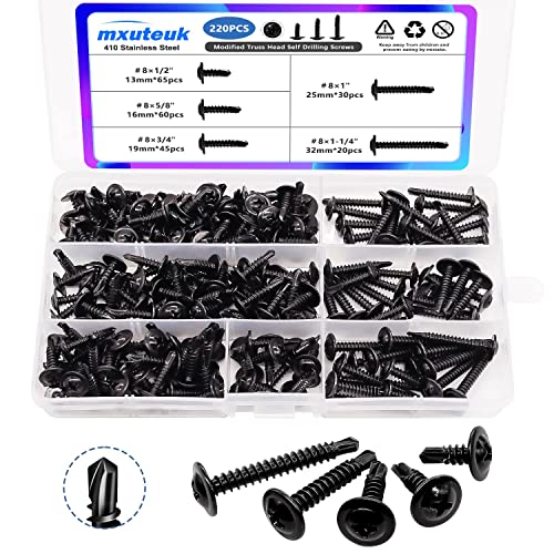 mxuteuk 220Stück #8 x 1/2'' zu 1-1/4" Bohrschrauben Selbstschneidend Metall 410 Edelstahl Schwarz modifizierter Binderkopf Blechschrauben Flachkopf selbstbohrende Schraube Set für Gebäude DE-G023-BT von mxuteuk