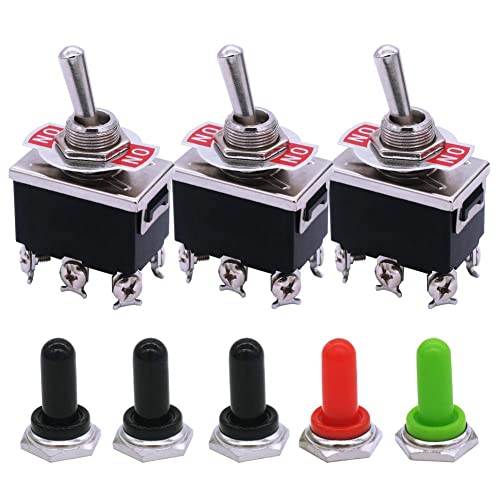 mxuteuk 3 Stück Schwerlast Kippschalter 16A 250V 20A 125V DPDT EIN/EIN Hochleistungs-Wippkippschalter 6 Klemme 2 Position 5 Stück Metallknopf-Abdeckkappe Wasserdicht,Ten-1321-5mz-B202 von mxuteuk