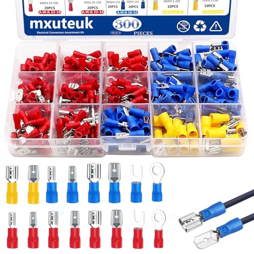 mxuteuk 300Stück Elektrische Steckverbinder Kit 22-10AWG 2.8mm 4.8mm 6.3mm Drahtverbindersatz, 16 Arten Crimp Terminals Elektrische Steckverbinder Inklusive Spade Ring Fork Steckverbinder von mxuteuk