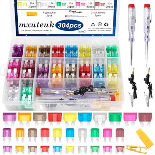 mxuteuk 304 Stück Auto Sicherungen Sortiment Kit Kfz-Sicherungen Standard/Mini-/Mikro mit Sicherungszieher/Stromkreis Tester(3A5A7.5A10A15A20A25A30A35A40A) Ersatzsicherungen für Marine,Auto,Boot von mxuteuk