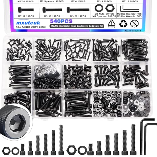 mxuteuk 540PCS M2 M3 Metrisches Schraubenkombinationsset für 3D-Drucker DIY, Innensechseck-Schrauben-Mutter-Kit, 12.9-Grade-Legierungstahl Schwarz-Zink-Kombinationsschrauben mit Sechseckenschlüssel mxuteuk 540PCS M2 M3 Metrisches Schraubenkombinationsset für 3D-Drucker DIY, Innensechseck-Schrauben-Mutter-Kit, 12.9-Grade-Legierungstahl Schwarz-Zink-Kombinationsschrauben mit Sechseckenschlüssel von mxuteuk