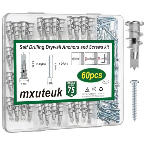 mxuteuk 60 Stück #8 Selbstbohrende Zinklegierung Trockenbau Dübel und Schrauben Kit - Hält bis zu 75lbs, für Trockenbau hängend und Montage No Drill Hole mxuteuk 60 Stück #8 Selbstbohrende Zinklegierung Trockenbau Dübel und Schrauben Kit - Hält bis zu 75lbs, für Trockenbau hängend und Montage No Drill Hole von mxuteuk