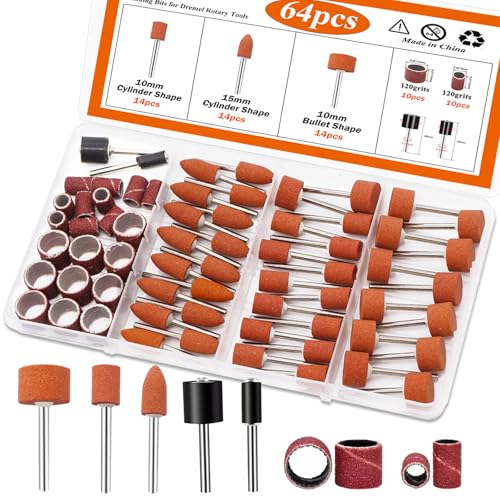 mxuteuk 64Stück Schleifbits-Set für Dremel-Rotary-Tools, inkl. 42 Aluminiumoxid-Schleifsteine (1/8 Zoll Schaft) sowie Schleiftrommeln und Zubehör zum Entrosten, Polieren und Bearbeiten von Metall von mxuteuk