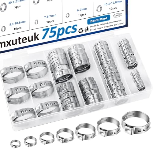 mxuteuk 75Stück Ohrschellen 304 Edelstahl Single Ear Schlauchschellen 6-23.5mm Crimp Schlauchschellen Sortiment Kit Perfekt für Automotive/Home Appliance/Water Pipe and Fuel Line Stufenlose von mxuteuk