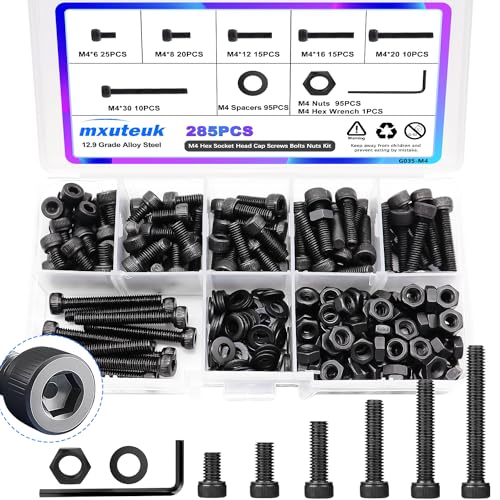 mxuteuk M4-Schrauben, M4-Schraubenschrauben-Mutter-Kit,6/8/12/16/20/30 mm metrische sechseckige Schrauben, aus Legierungstahl der Stufe 12,9 und sechseckiger Schlüssel (285PCS) von mxuteuk