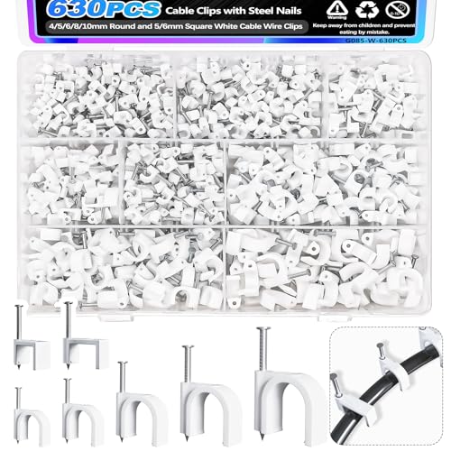 mxuteuk Stk Kabelschellen Nagelschellen, 4/5/6/8/10 mm Rund und 5/6 mm Quadrat Kabelklemmen mit Nagel,Drahtwandklemmen, RG6 RG59 CAT6 RJ45 Kabelklemmen（630PCS ） von mxuteuk