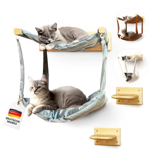 myHANA Kletterwand für Katzen aus Massivholz – inkl. 2X Katzentreppe & Hängematte | Katzenmöbel Set Wand | Katzenbett & Kratzbaum Wandmontage| Jetzt entdecken! von my HANA