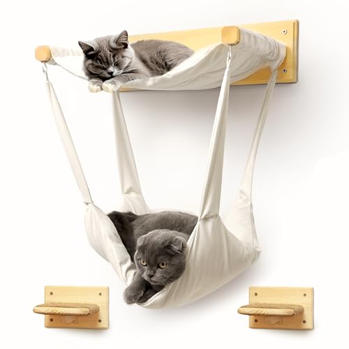 myHANA Kletterwand für Katzen aus Massivholz – inkl. 2X Katzentreppe & Hängematte | Katzenmöbel Set Wand | Katzenbett & Kratzbaum Wandmontage| Jetzt entdecken! von my HANA
