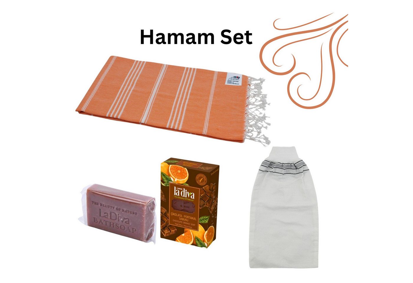 my Hamam Saunatuch Sauna Set Hamamtuch Seife Peelinghandschuh "Compact" orange, Baumwolle (Spar-Set, 3-St), vielseitig einsetzbar & kompakt von my Hamam