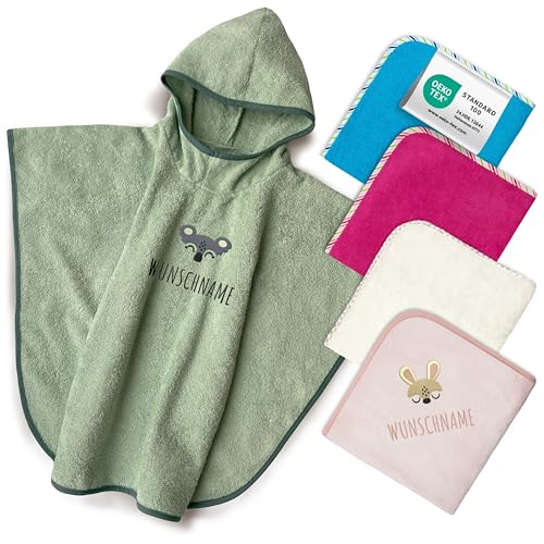 my STITCHERY Badeponcho Kinder mit Namen Bestickt, Oeko-TEX® Standard 100 - Personalisiertes Kapuzenhandtuch aus Reiner Baumwolle mit gesticktem Namen und Motiv (Dunkelgrün) von my STITCHERY