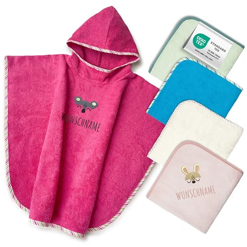my STITCHERY Badeponcho Kinder mit Namen Bestickt, Oeko-TEX® Standard 100 - Personalisiertes Kapuzenhandtuch aus Reiner Baumwolle mit gesticktem Namen und Motiv (Pink) von my STITCHERY