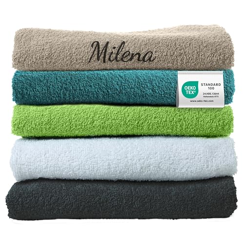 Handtuch mit Namen Bestickt, Oeko-TEX® Standard 100 - Personalisiertes Badetuch aus nachhaltiger Baumwolle mit gesticktem Namen oder Wunschtext (50 x 100 cm, Petrol) von my STITCHERY