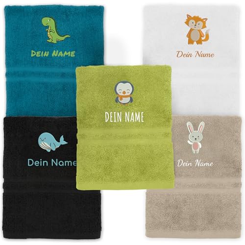 Kinderhandtuch mit Namen Bestickt, Oeko-TEX® Standard 100 - Personalisiertes Handtuch für Kinder aus nachhaltiger Baumwolle mit gesticktem Namen und Motiv (70 x 140 cm, Beige) von my STITCHERY