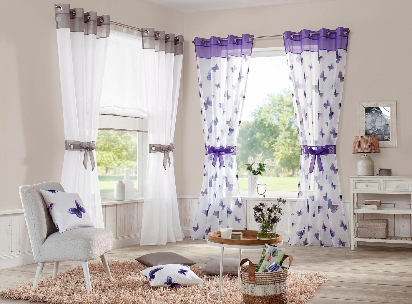 my home Gardine Villars, Ösen (2 St), transparent, Voile, Vorhang, Fertiggardine, inkl. 2 Raffhalter, transparent, 2-er Set von my home