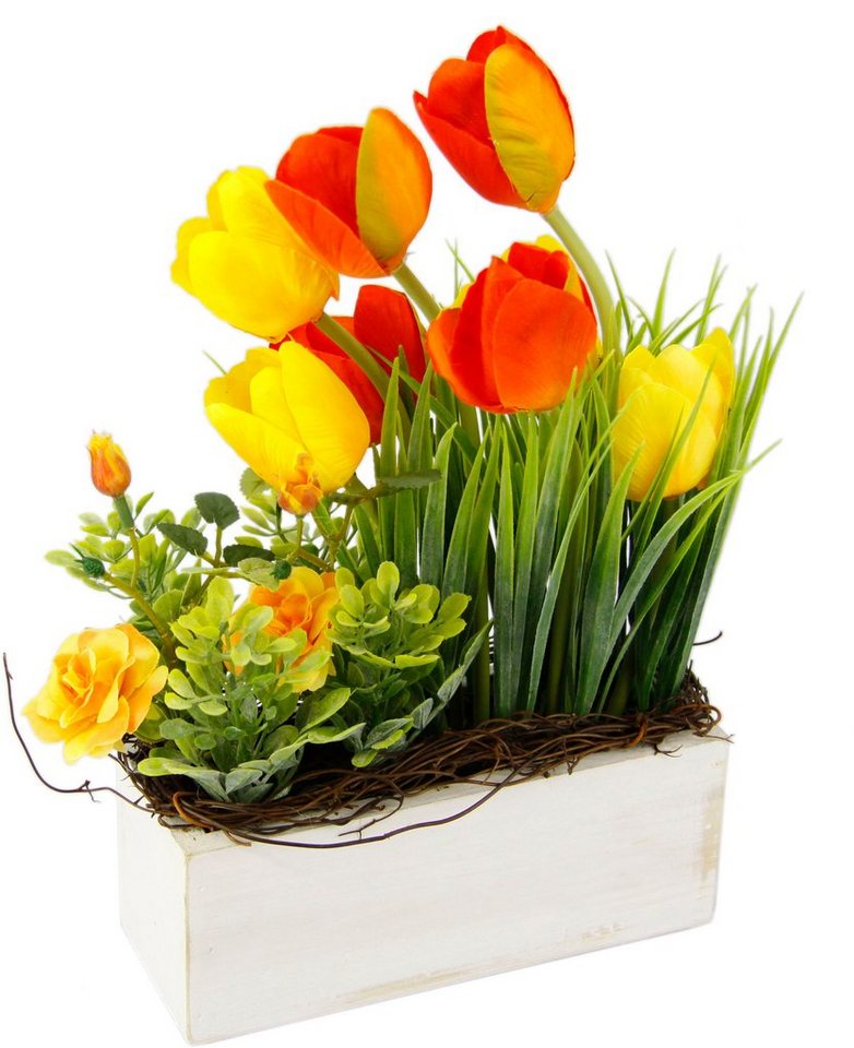 Gestecke Tulpen Wildrosen und Gras, my home, Höhe 26 cm, Im Topf, aus Holz, Blumendeko von my home