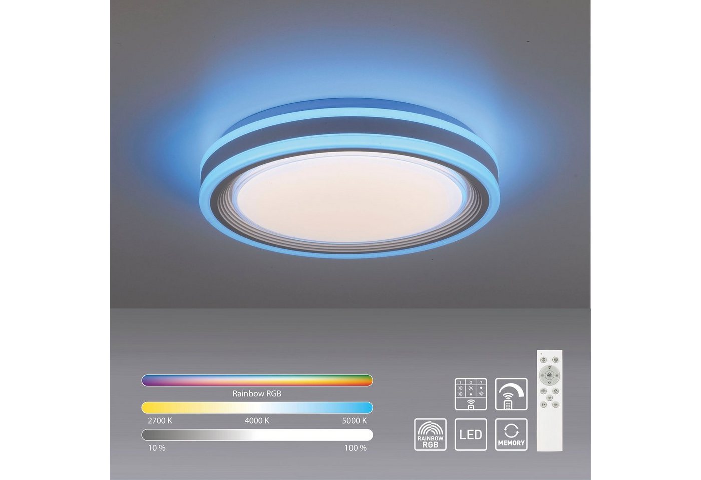 my home Deckenleuchten Danna, CCT - über Fernbedienung, Dimmer, Dimmfunktion, Farbsteuerung, Farbwechsel, Fernbedienung, Infrarot inkl., Memoryfunktion, RGB, dimmbar über Fernbedienung, getrennt schaltbar, LED fest integriert, warmweiß - kaltweiß, CCT 2700-6500K, RGB-Rainbow, mit Fernbedienung Deckenlampe von my home