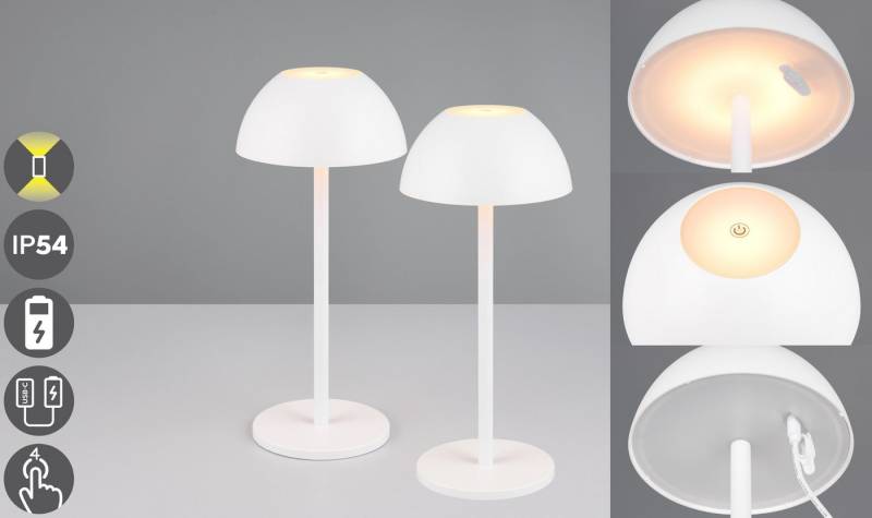 my home LED Außen-Tischleuchte Abbey Tischleuchte 2er-Set, Dimmfunktion, USB-Ladefunktion, LED fest integriert, Warmweiß, 2er Set Outdoor Akku Tischlampe Pilzdesign USB-C 4-fach Touch Dimmer von my home