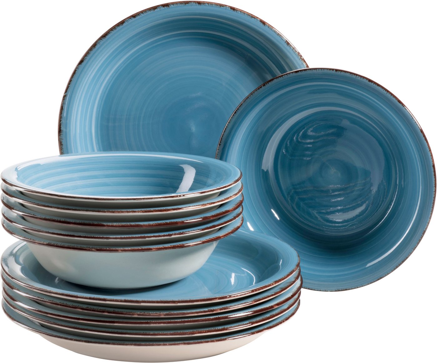 my home Tafelservice Teller Set, Geschirr-Set Bel Tempo (12-tlg), 6 Personen, Keramik, rustikale Holzoptik mit Spiraldekor, 12 Teile, für 6 Personen von my home
