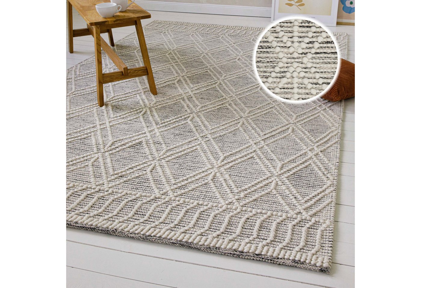 OTTO home Teppich Eleena, rechteckig, Höhe: 8 mm, 70% Wolle, handgewebt, Raute, Hoch-Tief, Wohnzimmer, Naturfaser OTTO home Teppich Eleena, rechteckig, Höhe: 8 mm, 70% Wolle, handgewebt, Raute, Hoch-Tief, Wohnzimmer, Naturfaser von OTTO home