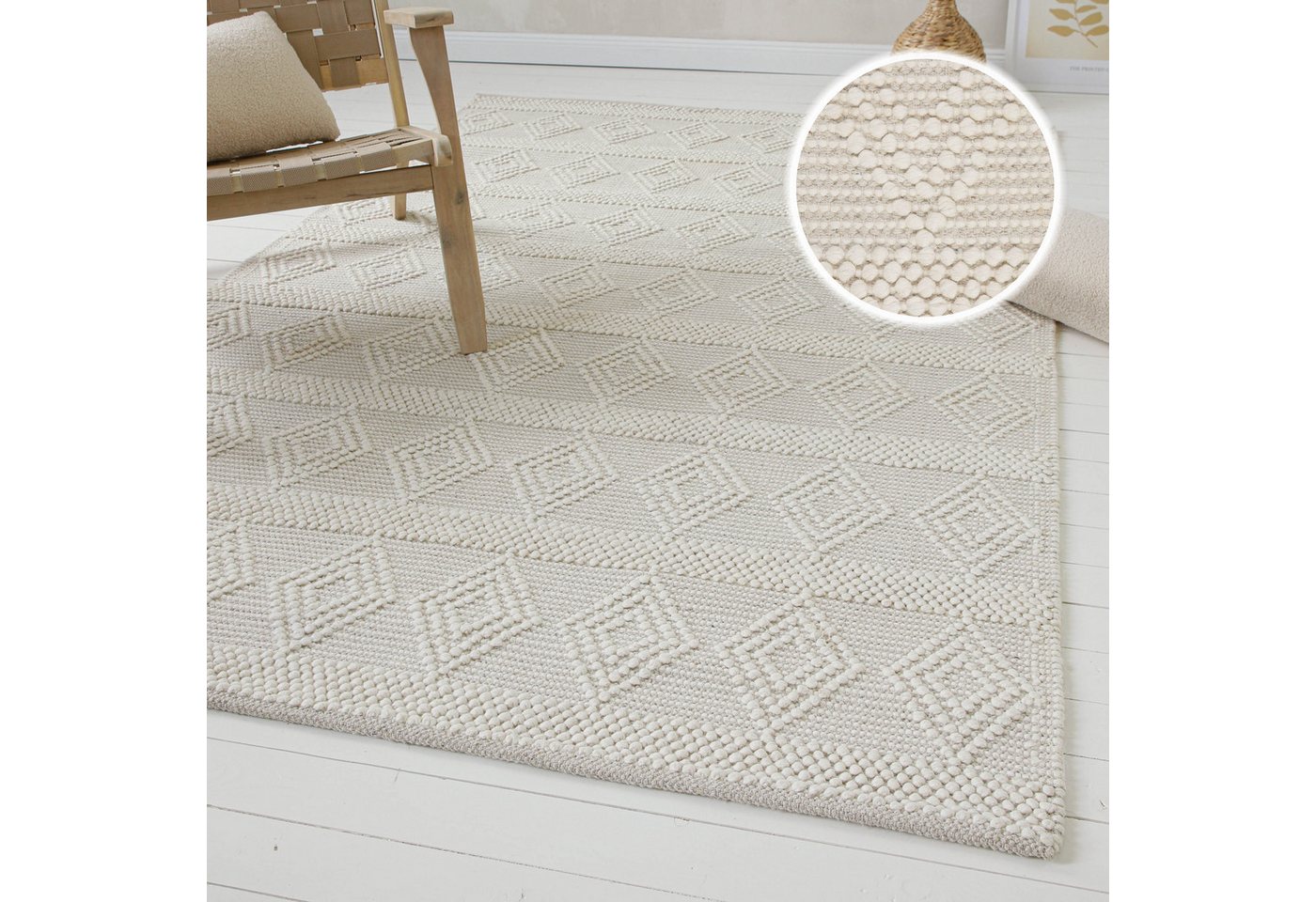 OTTO home Teppich Grunno, rechteckig, Höhe: 8 mm, 70% Wolle, handgewebt, Raute, Hoch-Tief, Wohnzimmer, Naturfaser OTTO home Teppich Grunno, rechteckig, Höhe: 8 mm, 70% Wolle, handgewebt, Raute, Hoch-Tief, Wohnzimmer, Naturfaser von OTTO home