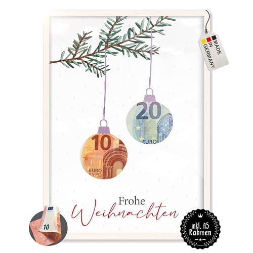 myDreamwork - Geldgeschenk Weihnachten - Verpackung Weihnachten - Geldgeschenk Weihnachten - Geldgeschenke im Rahmen (Weihnachtskugeln, weiß) von myDreamwork